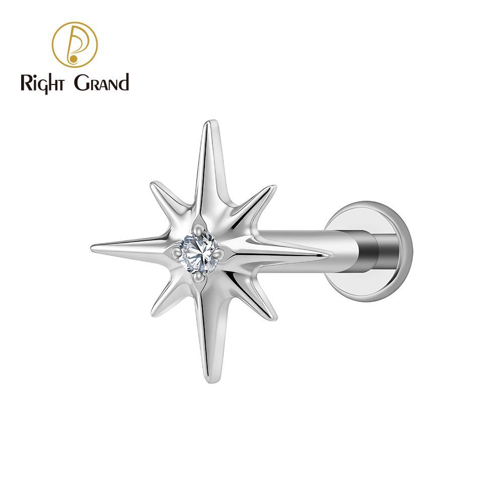 Right Grand Titanium 16G/18G Threadless Push Pin Sparkling CZ North Star Stud Earring Labret Cartilage Tragus Helix Conch Lobe Piercing