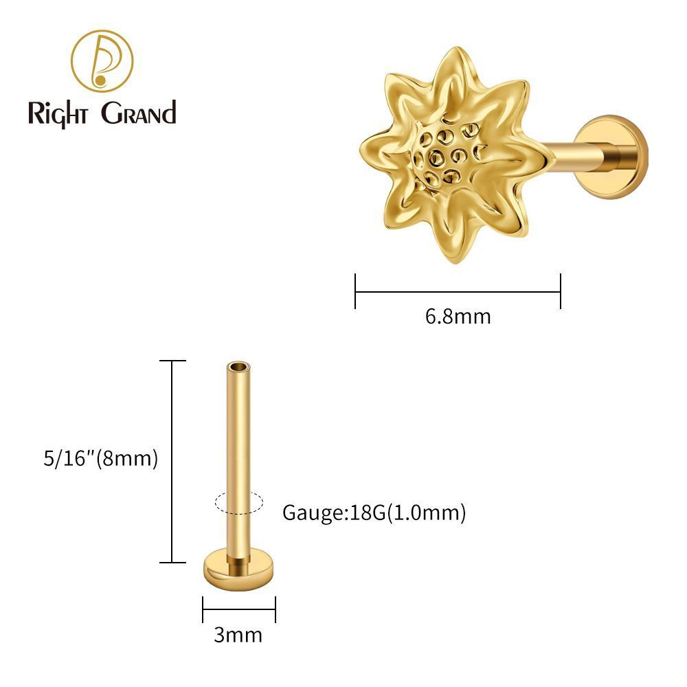 Right Grand Titanium 16G/18G Threadless Push Pin Daisy Flower Labret Ring 16G Flat Back Cartilage Stud Earring Conch Helix Lip Piercing Jewelry