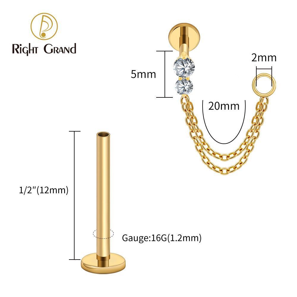 Right Grand Titanium Internal Thread CZ Double Chain Connect Ring Labret Ring 16G Flat Back Cartilage Stud Earring Conch Helix Lip Piercing Jewelry