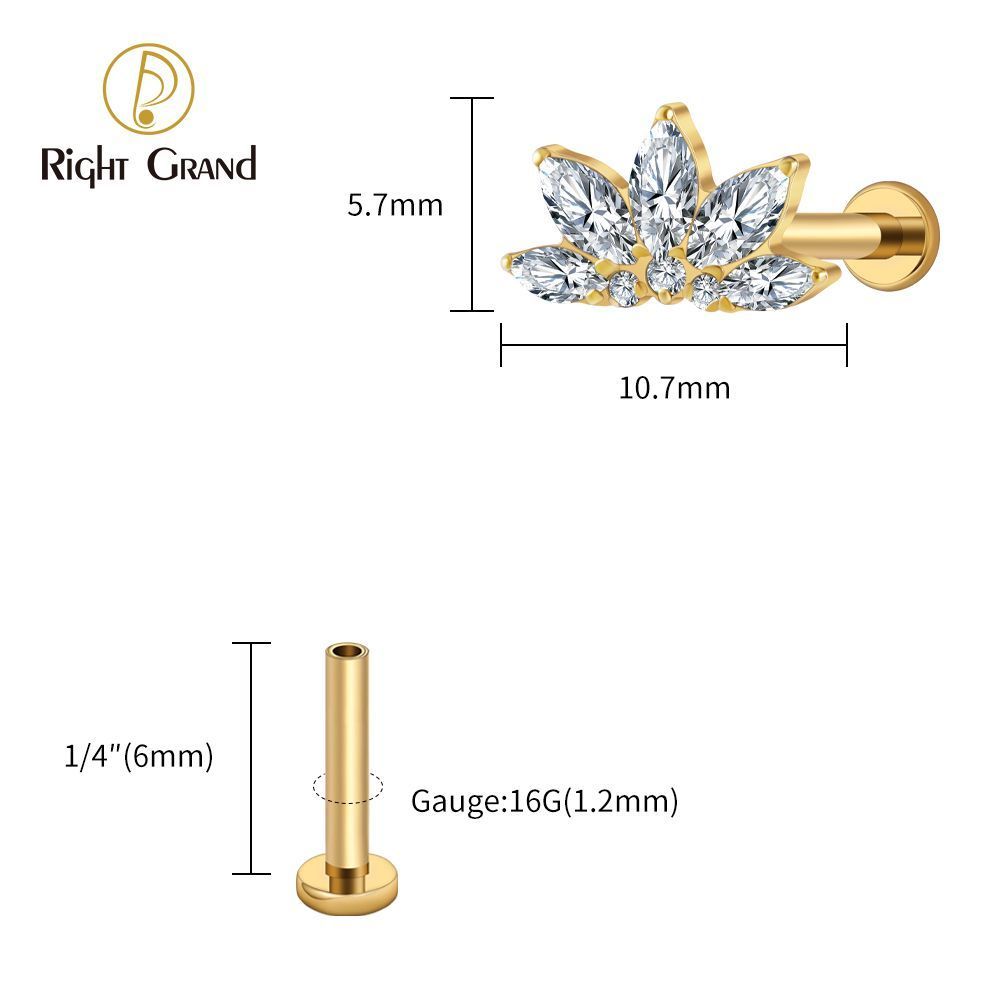 Right Grand Titanium 16G/18G Threadless Push Pin Marquise Lotus CZ Flower Flat Back Stud Labret Tragus Helix Cartilage Conch Earring Piercing