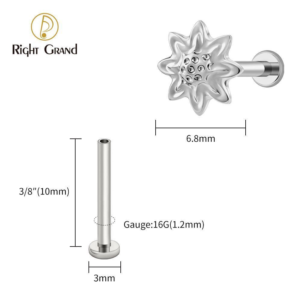 Right Grand Titanium 16G/18G Threadless Push Pin Daisy Flower Labret Ring 16G Flat Back Cartilage Stud Earring Conch Helix Lip Piercing Jewelry