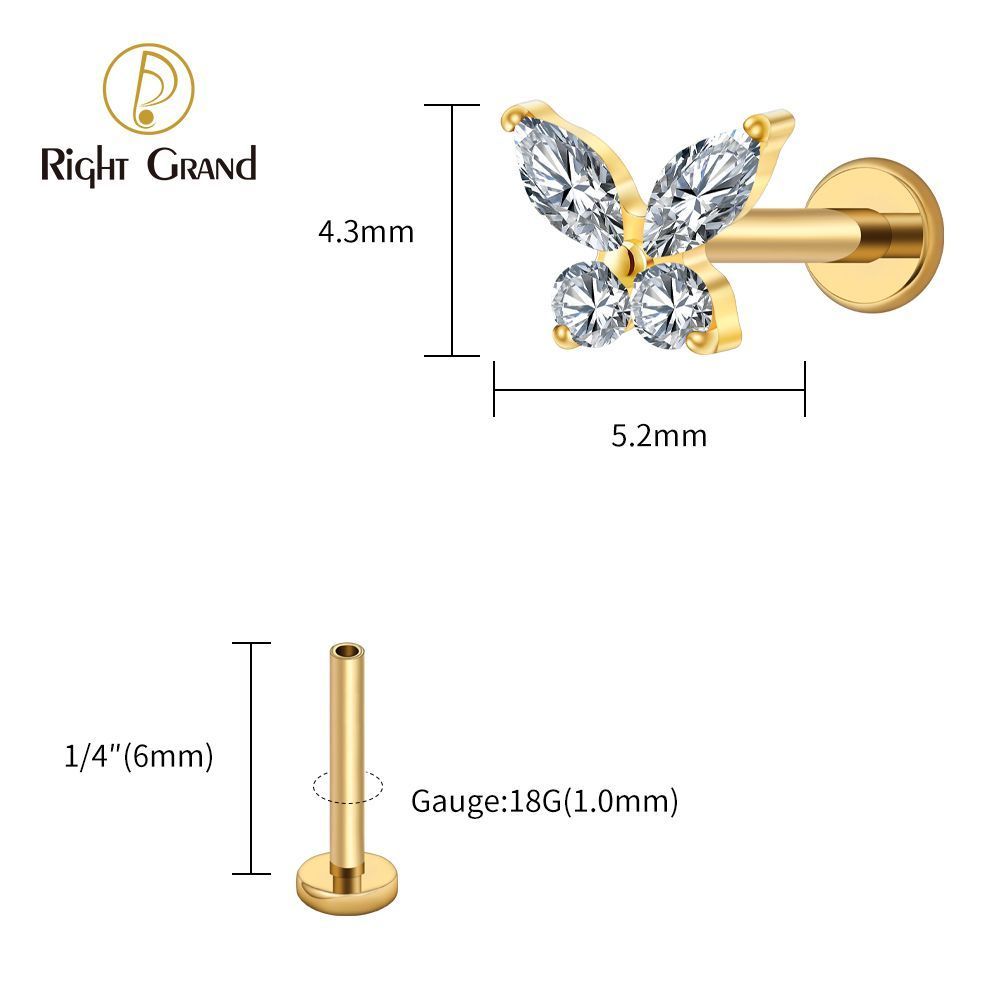 Right Grand Titanium 16G/18G Threadless Push Pin Butterfly CZ Labret Tragus Cartilage Conch Forward Helix Stud Nose Piercing