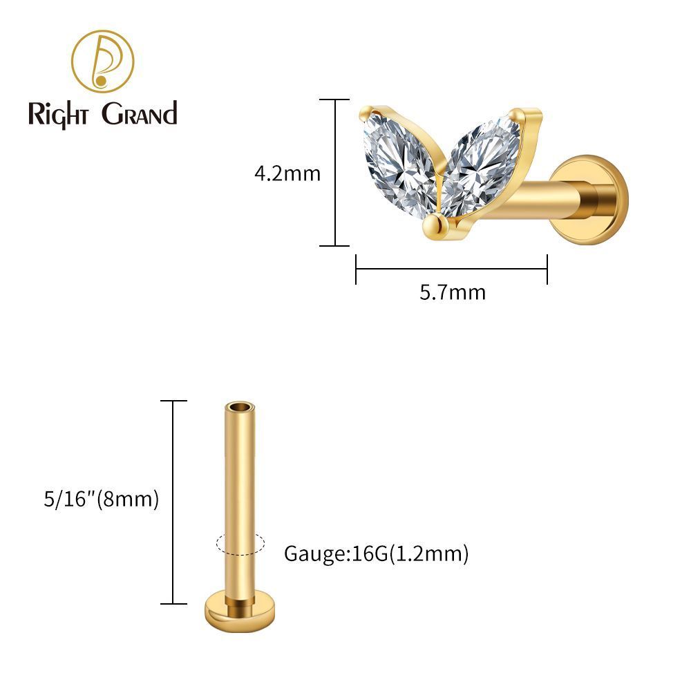 Right Grand Titanium 16G/18G Threadless Push Pin Tiny Double Marquise CZ Labret Stud Earring 16G Heart CZ Cartilage Helix Tragus Conch Piercing