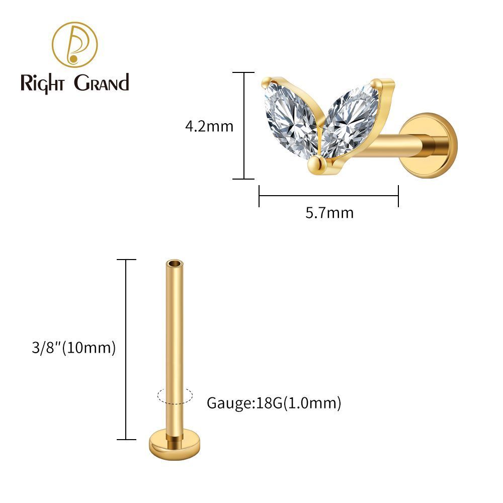 Right Grand Titanium 16G/18G Threadless Push Pin Tiny Double Marquise CZ Labret Stud Earring 16G Heart CZ Cartilage Helix Tragus Conch Piercing