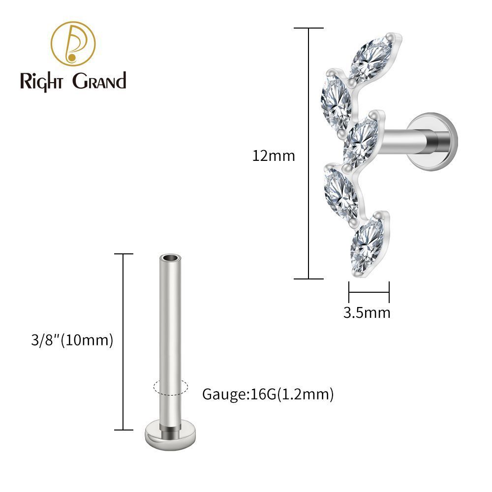 Right Grand Titanium 16G/18G Threadless Push Pin 5 Marquise CZ Labret Stud Helix Conch Cartilage Tragus Flat Back Piercing