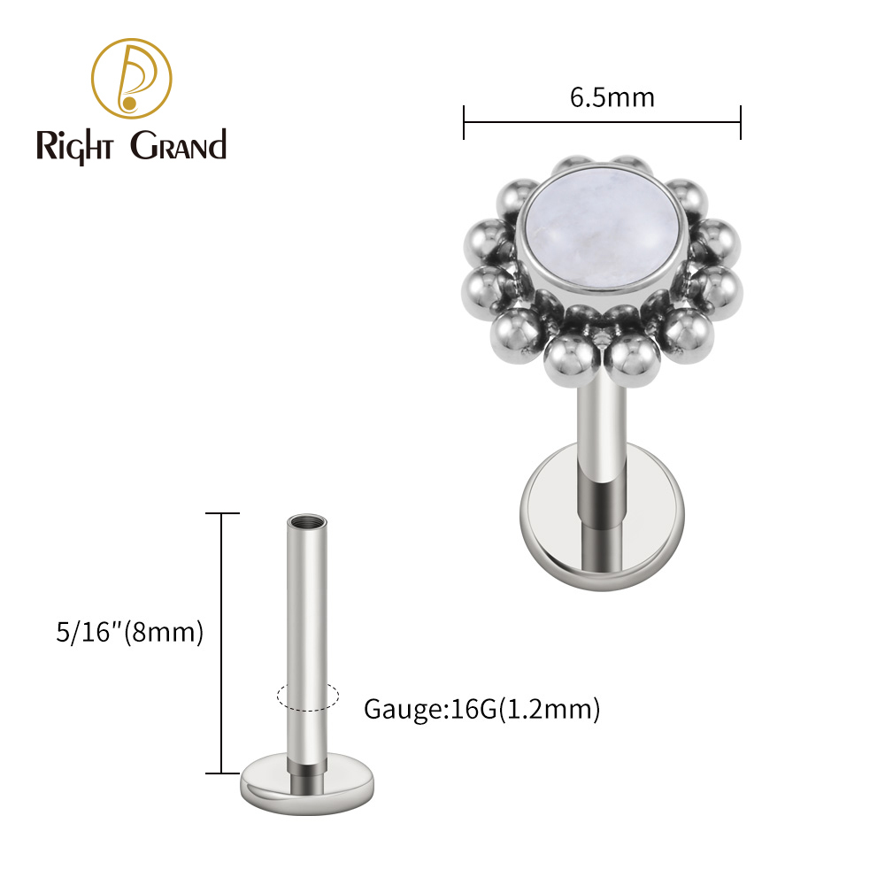 Right Grand ASTM F136 Titanium 16G Flower Labret Stud Earring with Natural Stone Helix Cartilage Tragus Conch Piercing