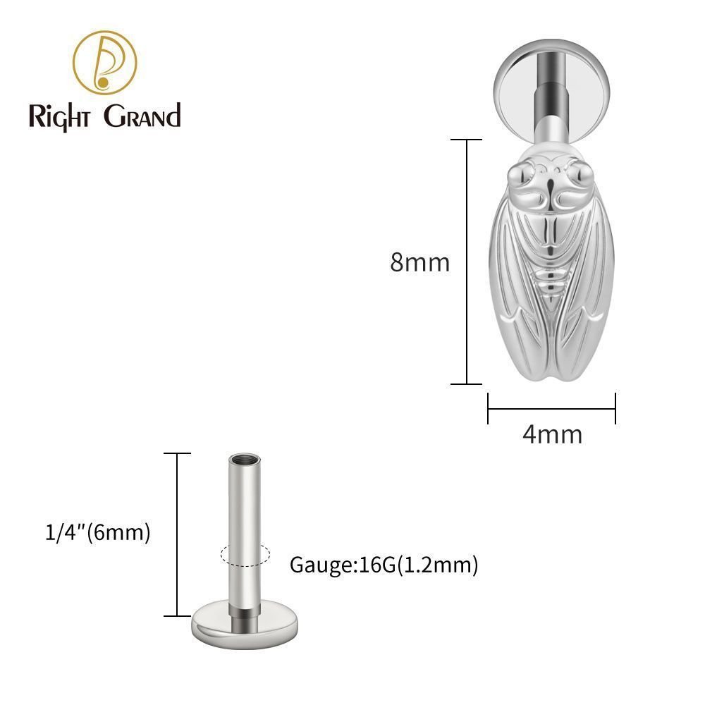 Right Grand Titanium Internal Thread Summer Cicada Labret Ring 16G Flat Back Cartilage Stud Earring Conch Helix Lip Piercing Jewelry