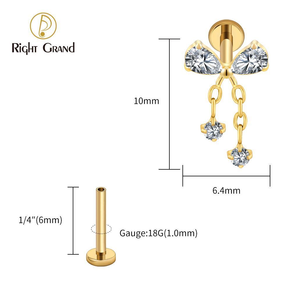 Right Grand Titanium 16G/18G Threadless Push Pin Bowknot CZ Dangle Chain Labret Ring 16G Flat Back Cartilage Stud Earring Conch Helix Lip Piercing Jewelry
