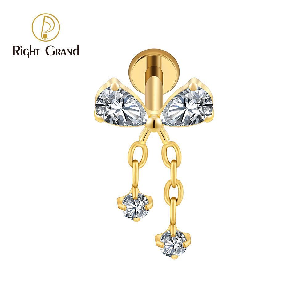 Right Grand Titanium 16G/18G Threadless Push Pin Bowknot CZ Dangle Chain Labret Ring 16G Flat Back Cartilage Stud Earring Conch Helix Lip Piercing Jewelry