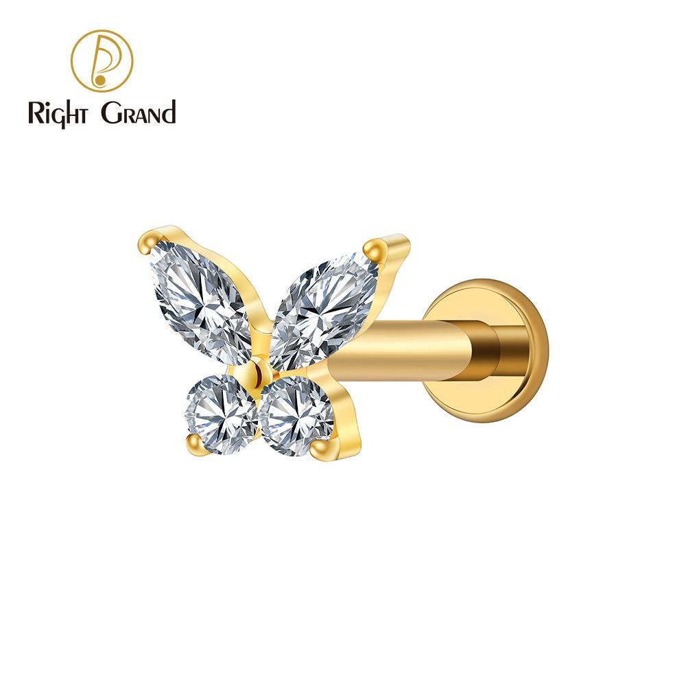 Right Grand Titanium 16G/18G Threadless Push Pin Butterfly CZ Labret Tragus Cartilage Conch Forward Helix Stud Nose Piercing