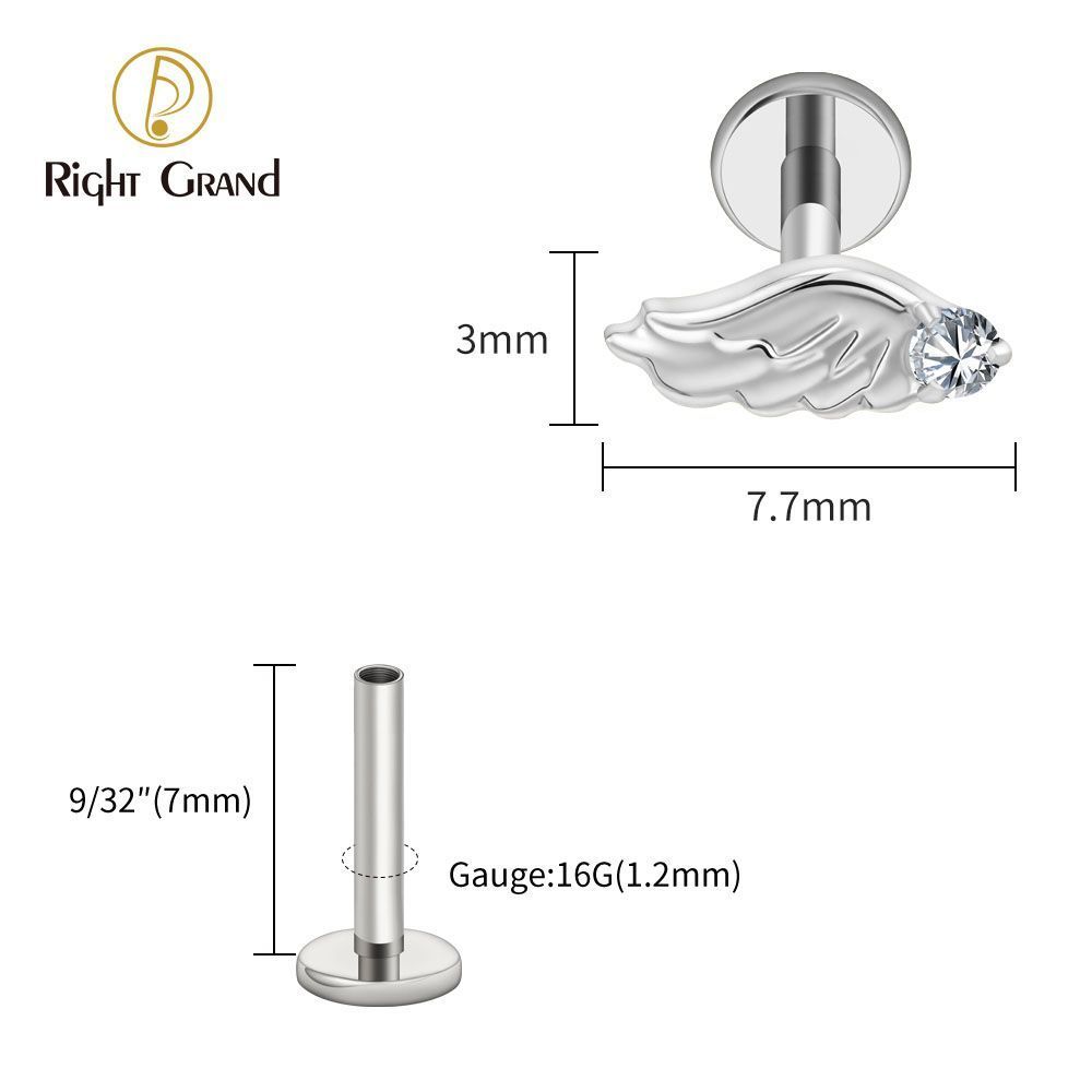 Right Grand Titanium Internal Thread CZ Wing Labret Ring 16G Flat Back Cartilage Stud Earring Conch Helix Lip Piercing Jewelry