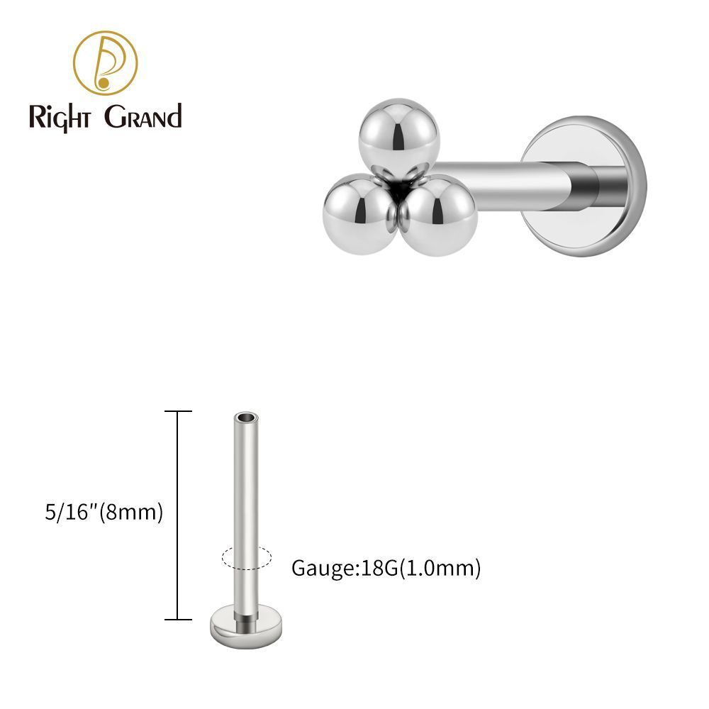 Right Grand Titanium 18G/16G Threadless Push Pin Labret Stud Trinity Beads Tragus Piercing Labret Studs