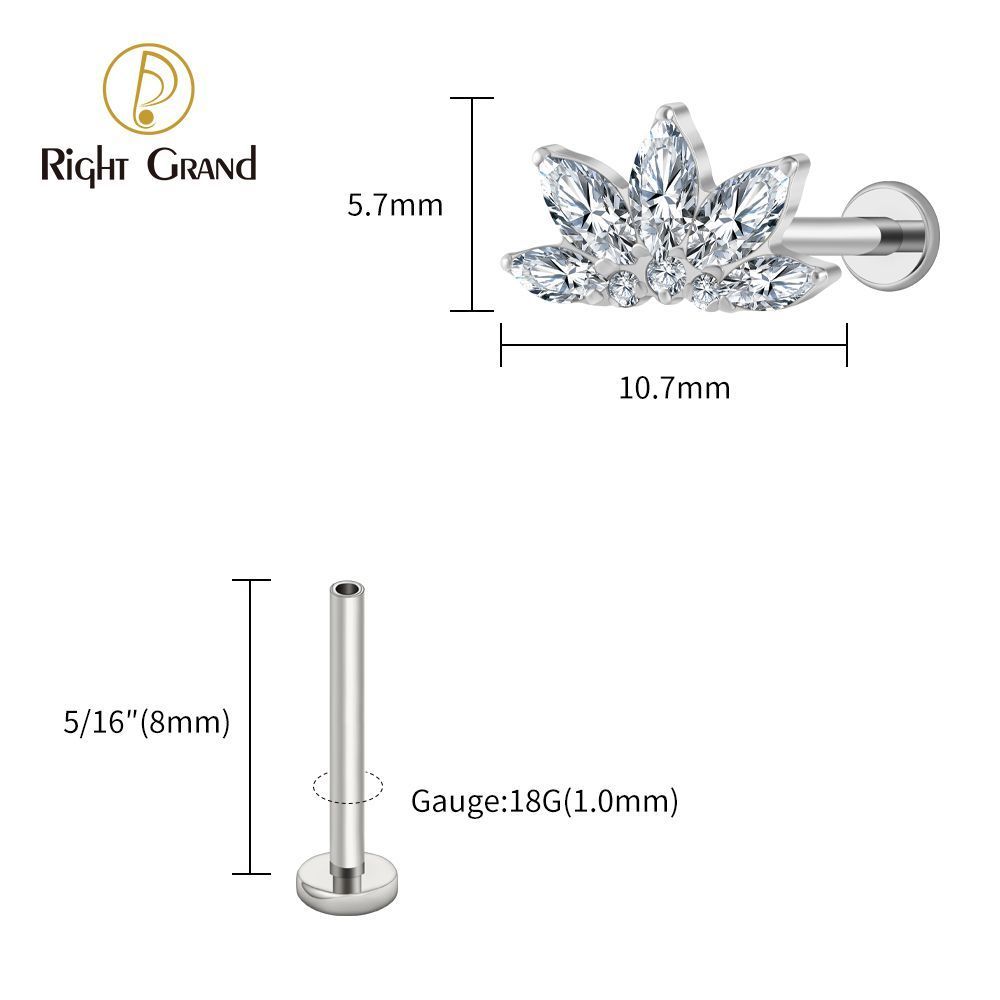 Right Grand Titanium 16G/18G Threadless Push Pin Marquise Lotus CZ Flower Flat Back Stud Labret Tragus Helix Cartilage Conch Earring Piercing