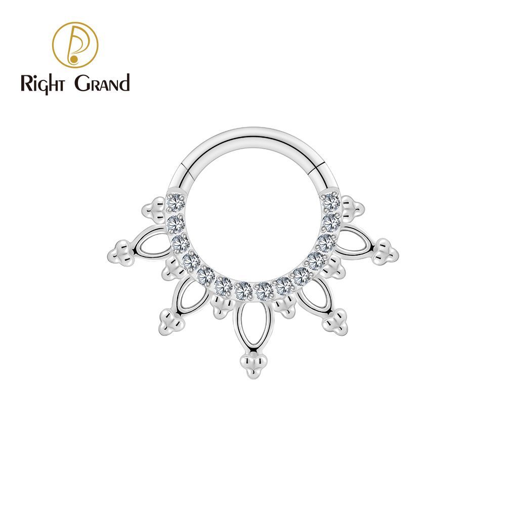 Right Grand Titanium 16G CZ Beads Sparkling Hinged Clicker Segment Hoop Ring Daith Earring Septem Nose Piercing