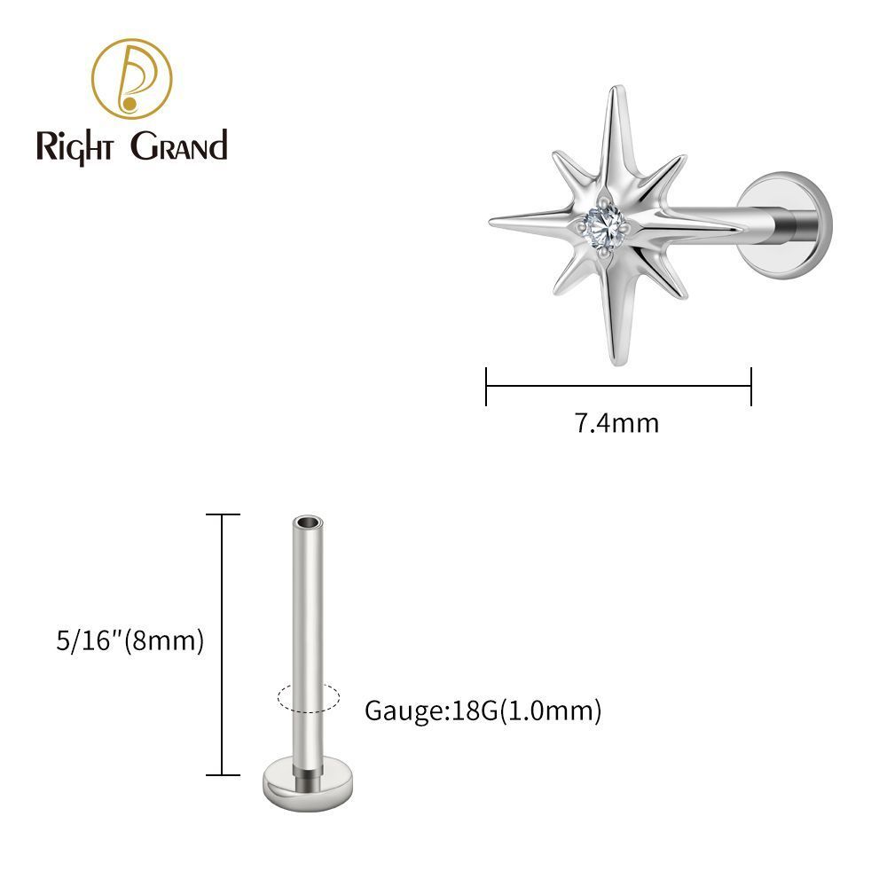Right Grand Titanium 16G/18G Threadless Push Pin Sparkling CZ North Star Stud Earring Labret Cartilage Tragus Helix Conch Lobe Piercing