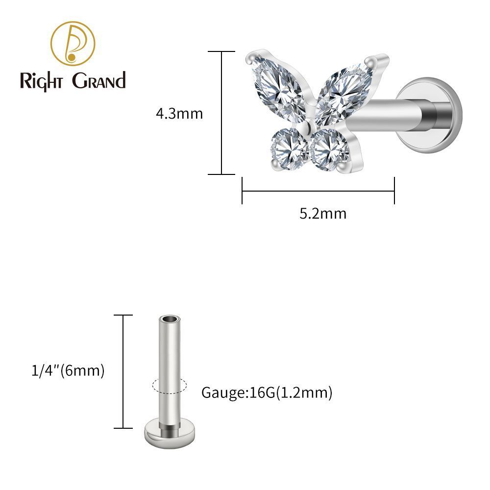 Right Grand Titanium 16G/18G Threadless Push Pin Butterfly CZ Labret Tragus Cartilage Conch Forward Helix Stud Nose Piercing