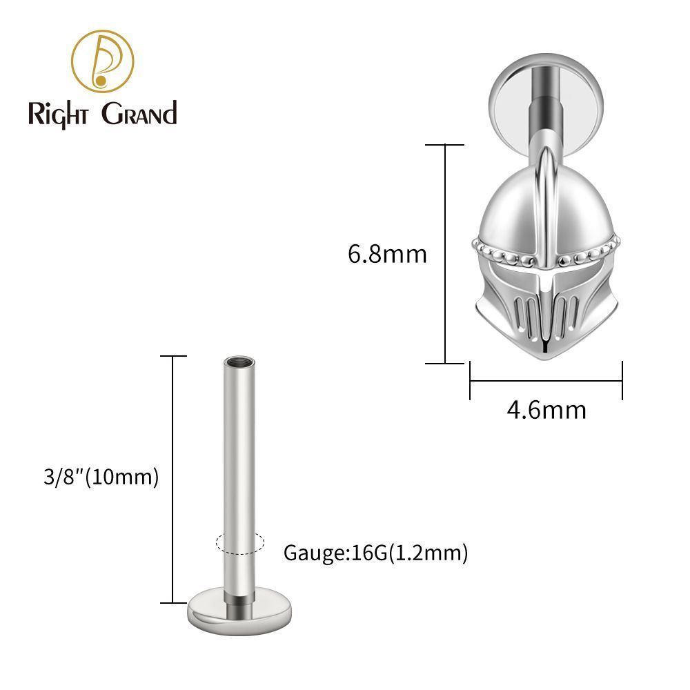 Right Grand ASTM F136 Titanium Internal Thread Helmet Labret Ring 16G Flat Back Cartilage Stud Earring Conch Helix Lip Piercing Jewelry