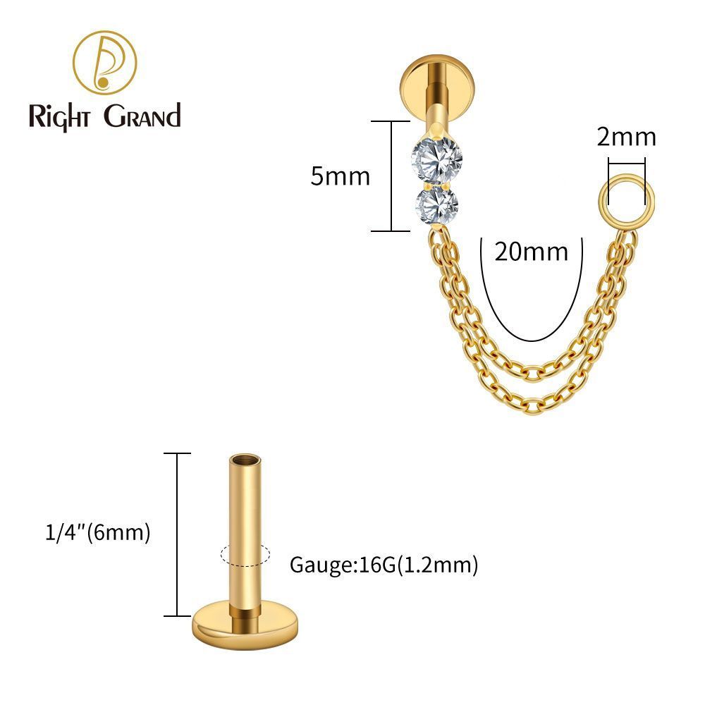 Right Grand Titanium Internal Thread CZ Double Chain Connect Ring Labret Ring 16G Flat Back Cartilage Stud Earring Conch Helix Lip Piercing Jewelry