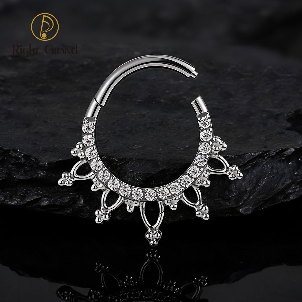 Right Grand Titanium 16G CZ Beads Sparkling Hinged Clicker Segment Hoop Ring Daith Earring Septem Nose Piercing