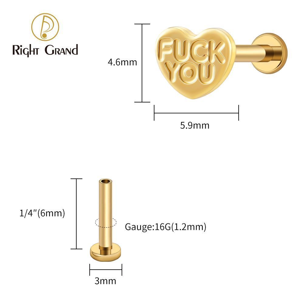 Right Grand Titanium 16G/18G Threadless Push Pin Heart Letter F**K YOU Labret Ring 16G Flat Back Cartilage Stud Earring Conch Helix Lip Piercing Jewelry