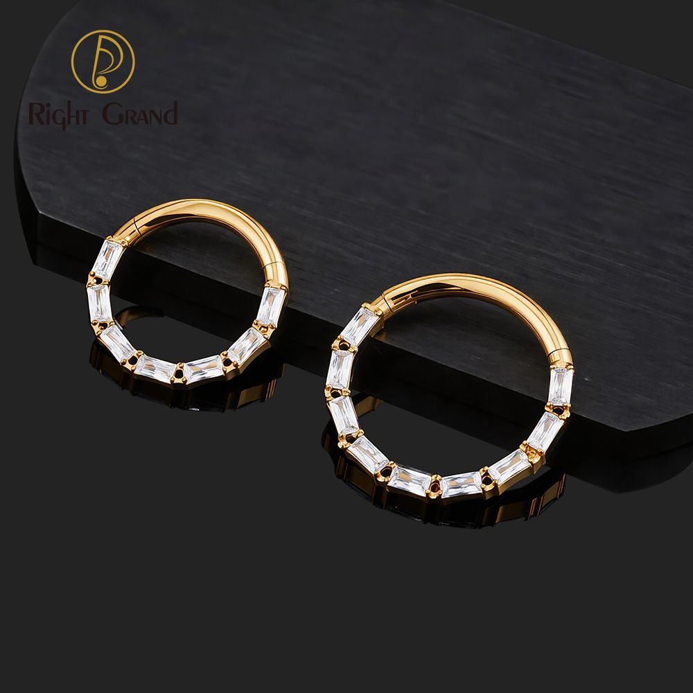 Right Grand Titanium Square CZ Surround Hinged Septum Clicker Nose Ring 16G Daith Helix Hoop Earring Piercing Jewelry