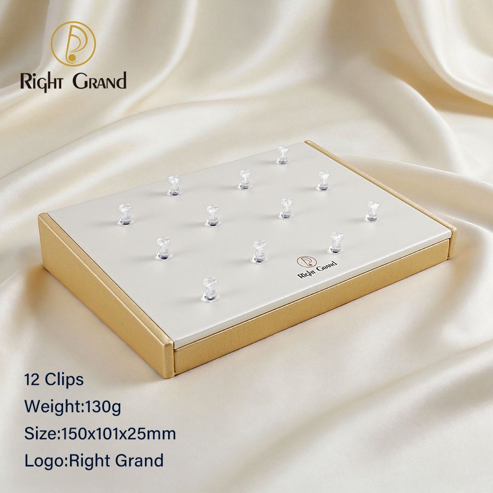Right Grand High Quality Fiberboard Leather Horizontal Square Display Stand for Piercing Body Jewelry Modern Display Holder with 12 Clips