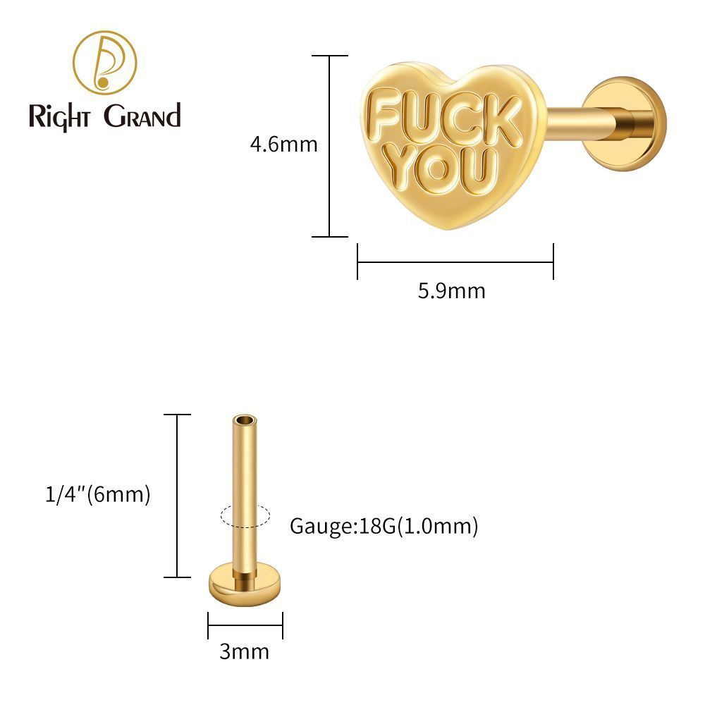 Right Grand Titanium 16G/18G Threadless Push Pin Heart Letter F**K YOU Labret Ring 16G Flat Back Cartilage Stud Earring Conch Helix Lip Piercing Jewelry