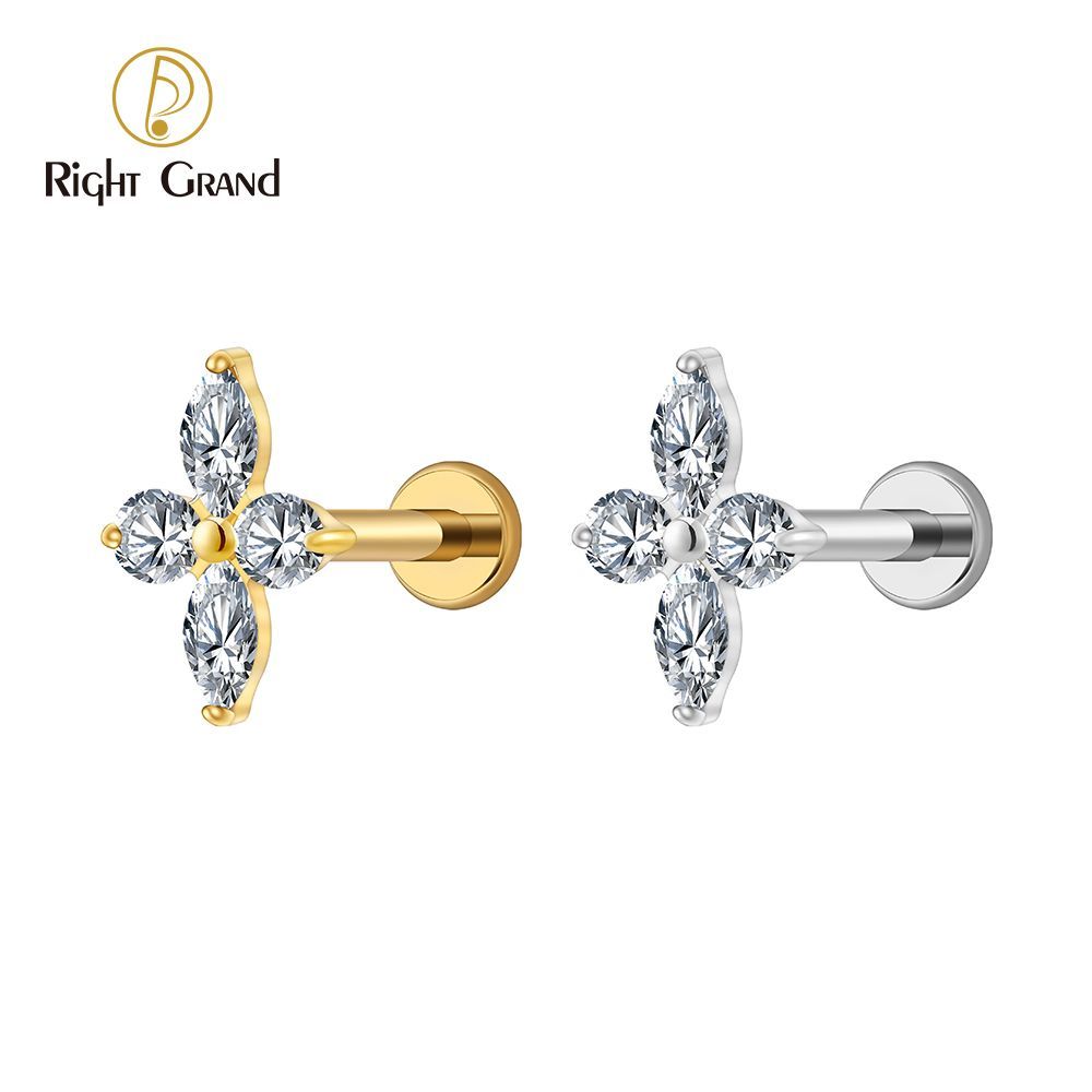 Right Grand Titanium 16G/18G Threadless Push Pin Prong Set CZ Flower Marquise Stud Earring Tragus Helix Cartilage Piercing