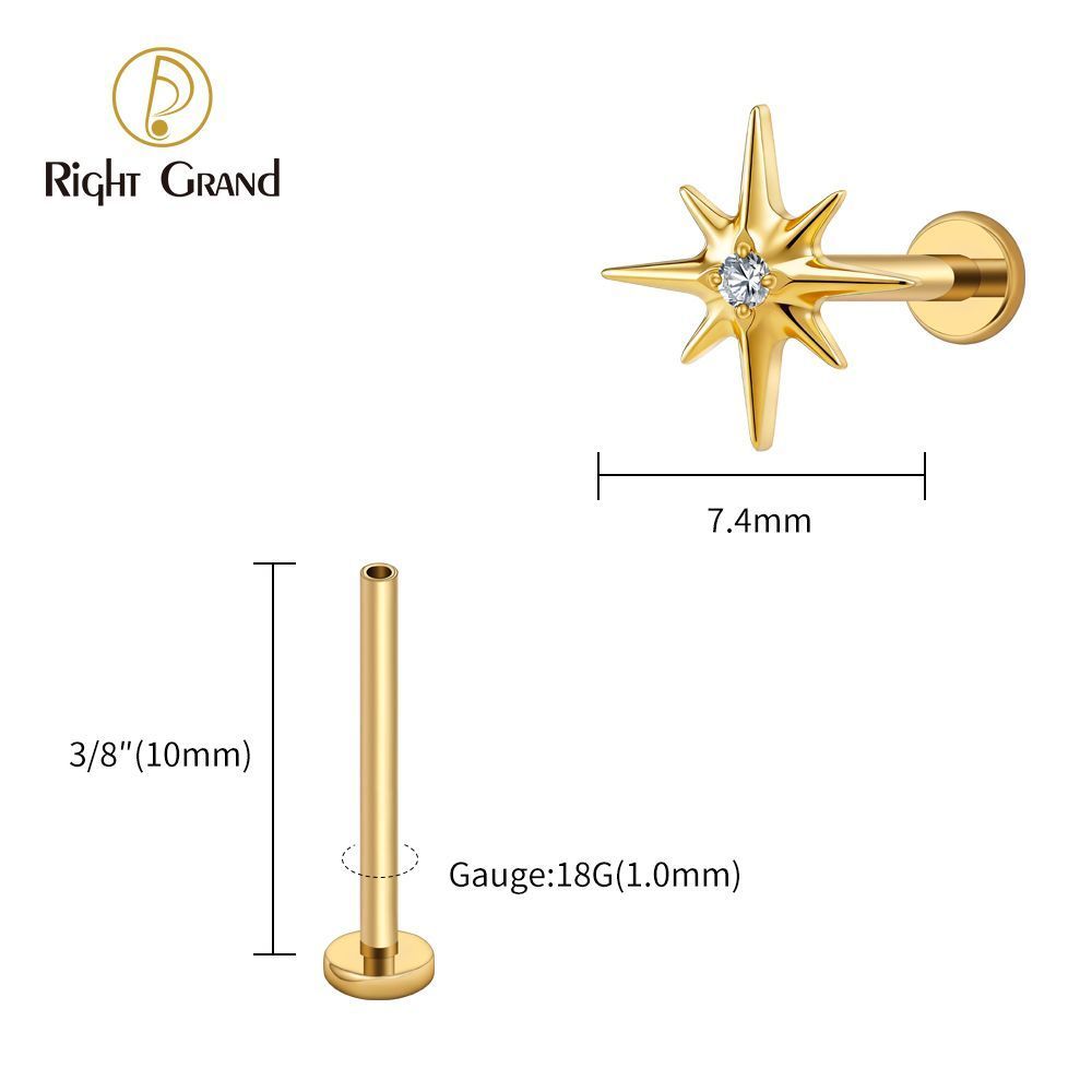 Right Grand Titanium 16G/18G Threadless Push Pin Sparkling CZ North Star Stud Earring Labret Cartilage Tragus Helix Conch Lobe Piercing