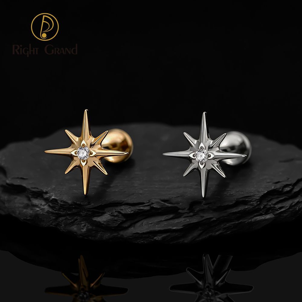 Right Grand Titanium 16G/18G Threadless Push Pin Sparkling CZ North Star Stud Earring Labret Cartilage Tragus Helix Conch Lobe Piercing