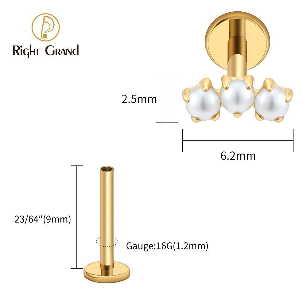 Right Grand Titanium Internal Thread Triple Tiny Pearl Labret Ring 16G Flat Back Cartilage Stud Earring Conch Helix Lip Piercing Jewelry