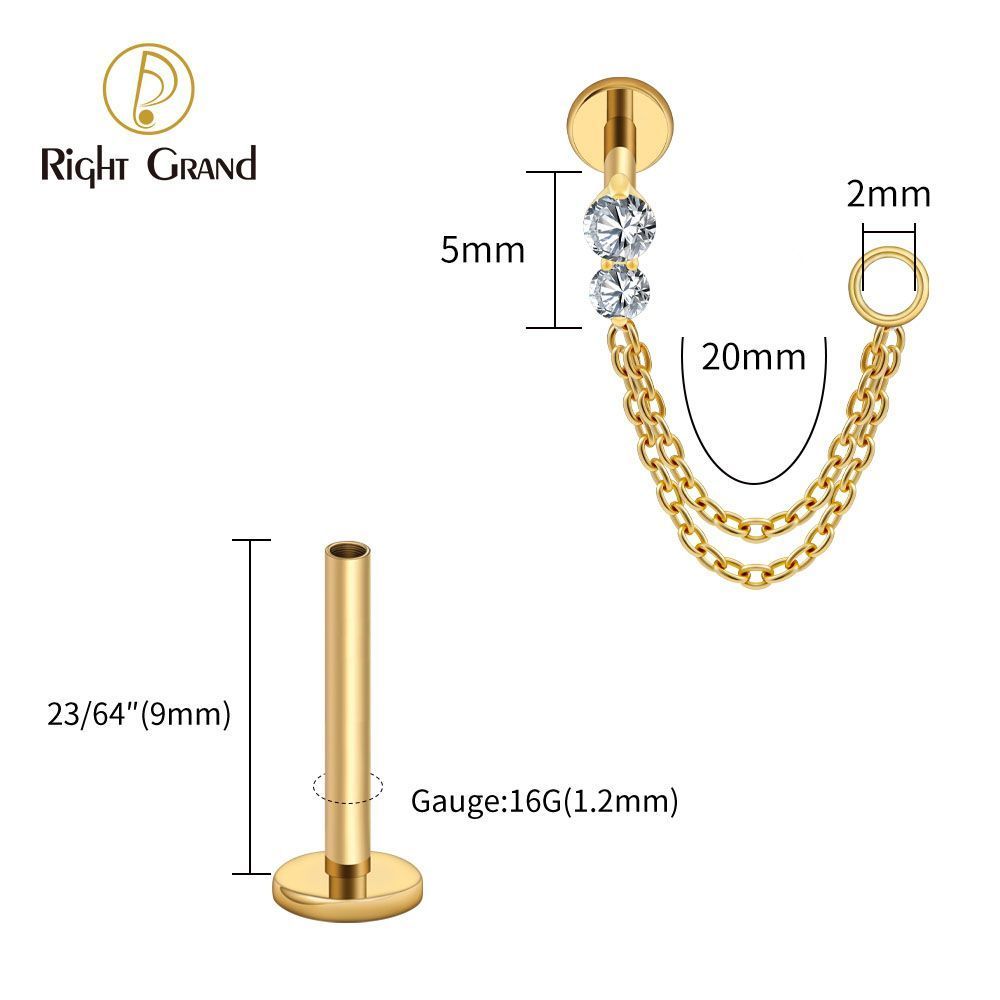 Right Grand Titanium Internal Thread CZ Double Chain Connect Ring Labret Ring 16G Flat Back Cartilage Stud Earring Conch Helix Lip Piercing Jewelry