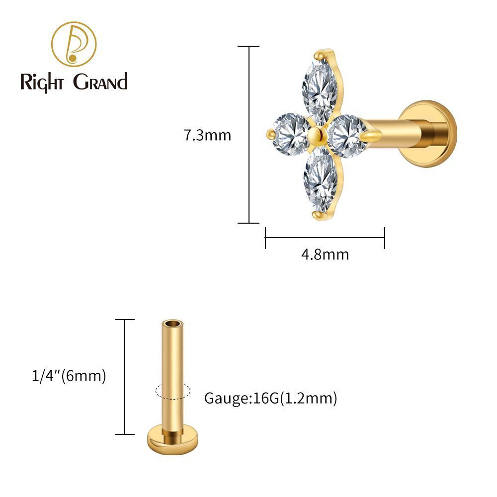 Right Grand Titanium 16G/18G Threadless Push Pin Prong Set CZ Flower Marquise Stud Earring Tragus Helix Cartilage Piercing