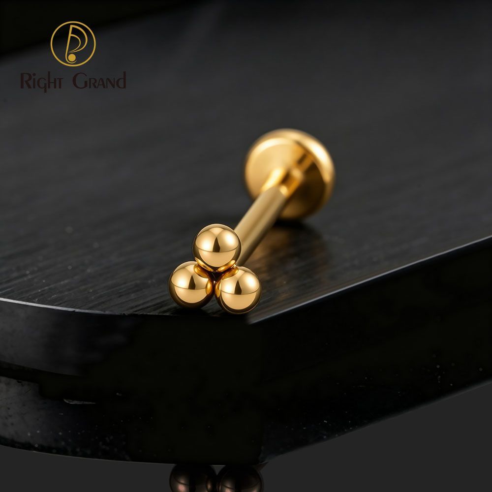 Right Grand Titanium 18G/16G Threadless Push Pin Labret Stud Trinity Beads Tragus Piercing Labret Studs