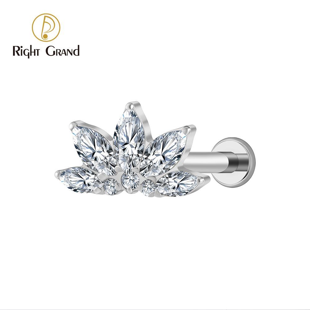 Right Grand Titanium 16G/18G Threadless Push Pin Marquise Lotus CZ Flower Flat Back Stud Labret Tragus Helix Cartilage Conch Earring Piercing