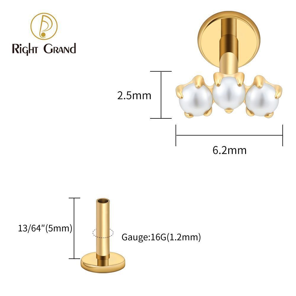 Right Grand Titanium Internal Thread Triple Tiny Pearl Labret Ring 16G Flat Back Cartilage Stud Earring Conch Helix Lip Piercing Jewelry