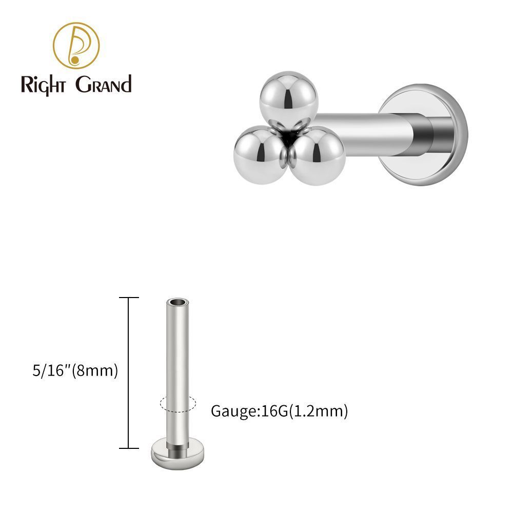 Right Grand Titanium 18G/16G Threadless Push Pin Labret Stud Trinity Beads Tragus Piercing Labret Studs