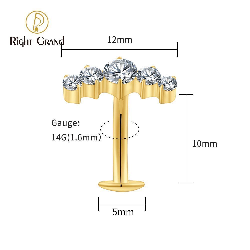 Right Grand Titanium CZ 5 CZ Belly Button Ring 14G Threadless Push Pin Navel Curved Barbell Piercing Jewelry