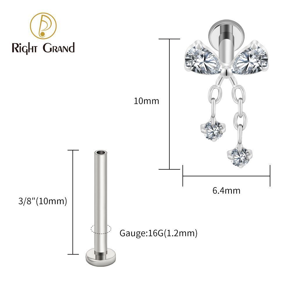 Right Grand Titanium 16G/18G Threadless Push Pin Bowknot CZ Dangle Chain Labret Ring 16G Flat Back Cartilage Stud Earring Conch Helix Lip Piercing Jewelry