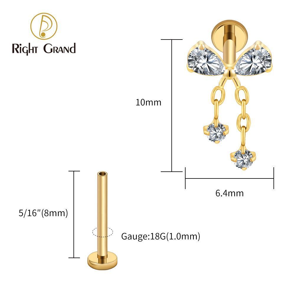 Right Grand Titanium 16G/18G Threadless Push Pin Bowknot CZ Dangle Chain Labret Ring 16G Flat Back Cartilage Stud Earring Conch Helix Lip Piercing Jewelry