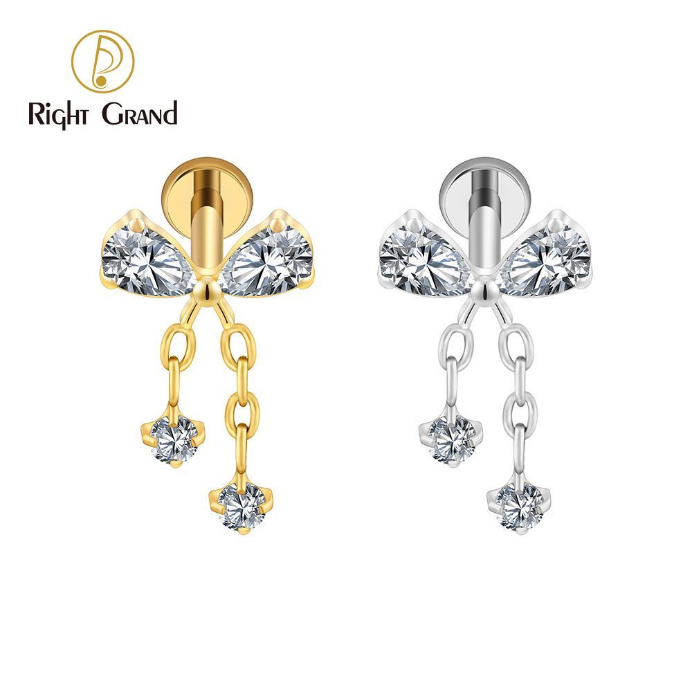 Right Grand Titanium 16G/18G Threadless Push Pin Bowknot CZ Dangle Chain Labret Ring 16G Flat Back Cartilage Stud Earring Conch Helix Lip Piercing Jewelry