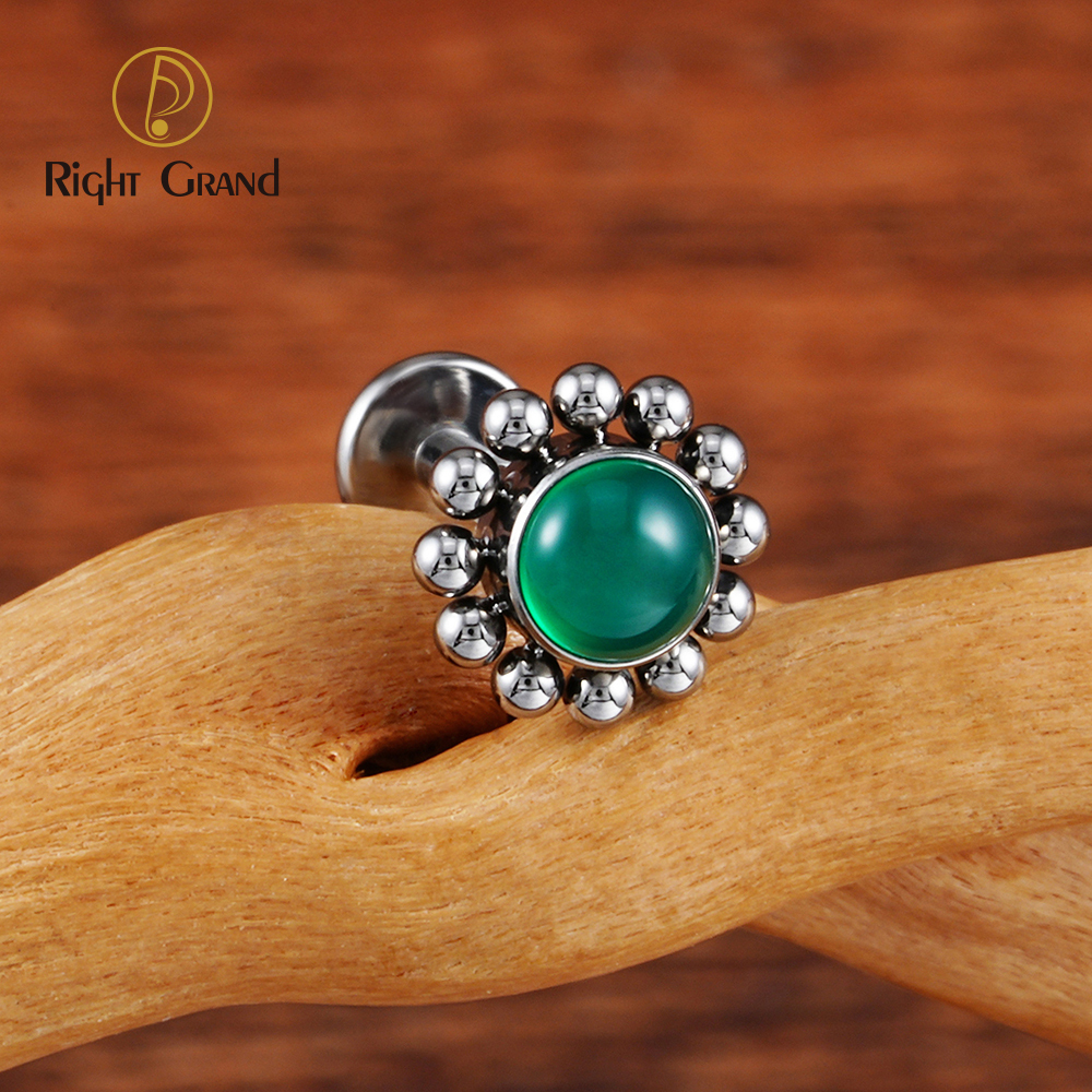 Right Grand ASTM F136 Titanium 16G Flower Labret Stud Earring with Natural Stone Helix Cartilage Tragus Conch Piercing