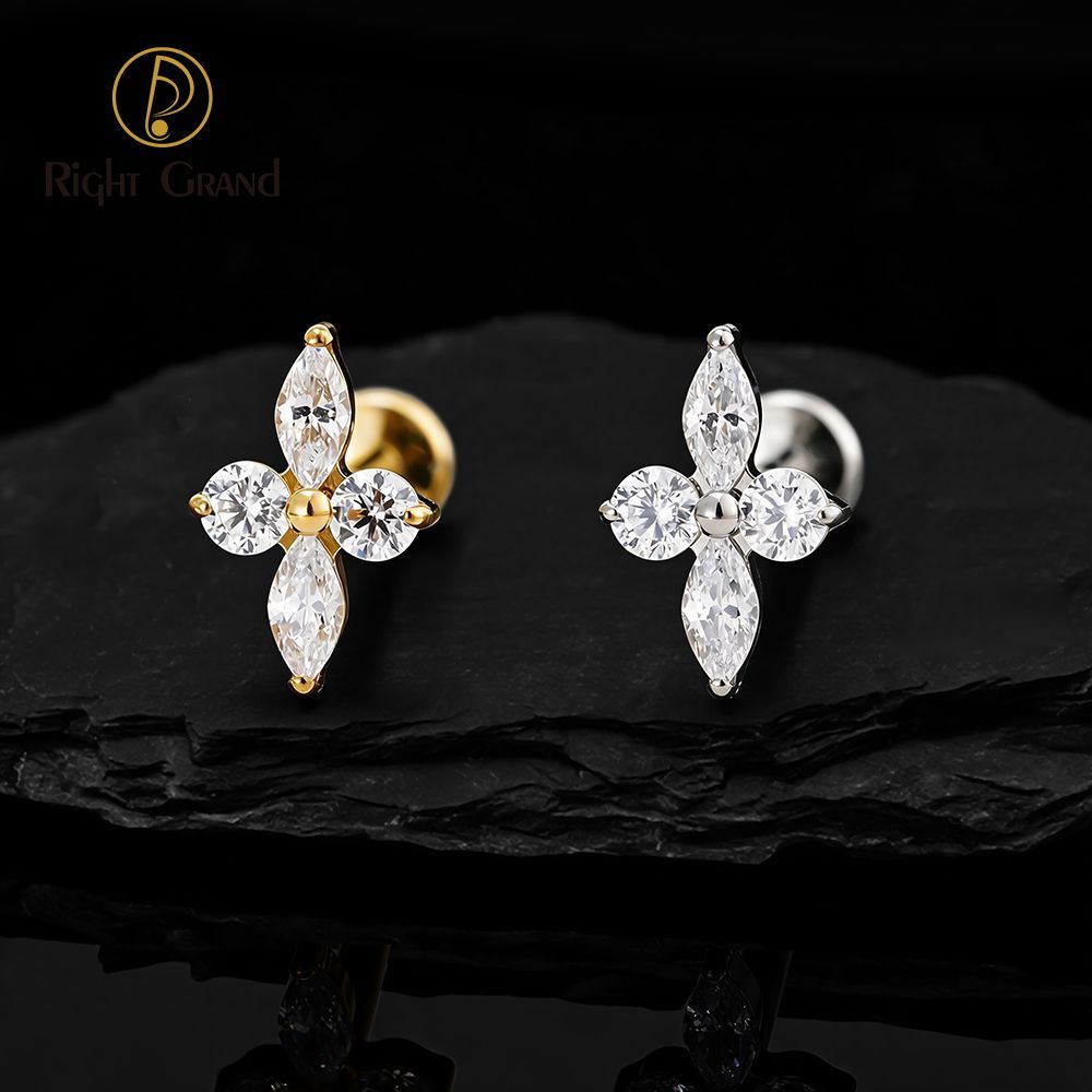 Right Grand Titanium 16G/18G Threadless Push Pin Prong Set CZ Flower Marquise Stud Earring Tragus Helix Cartilage Piercing