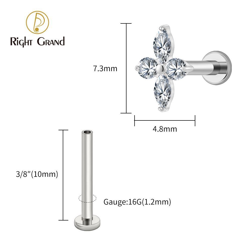 Right Grand Titanium 16G/18G Threadless Push Pin Prong Set CZ Flower Marquise Stud Earring Tragus Helix Cartilage Piercing