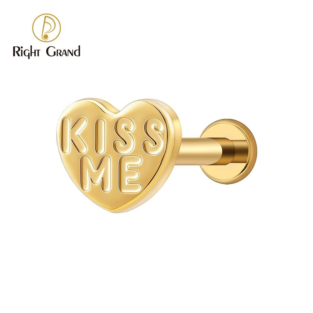 Right Grand Titanium 16G/18G Threadless Push Pin Heart Letter KISS ME Labret Ring 16G Flat Back Cartilage Stud Earring Conch Helix Lip Piercing Jewelry