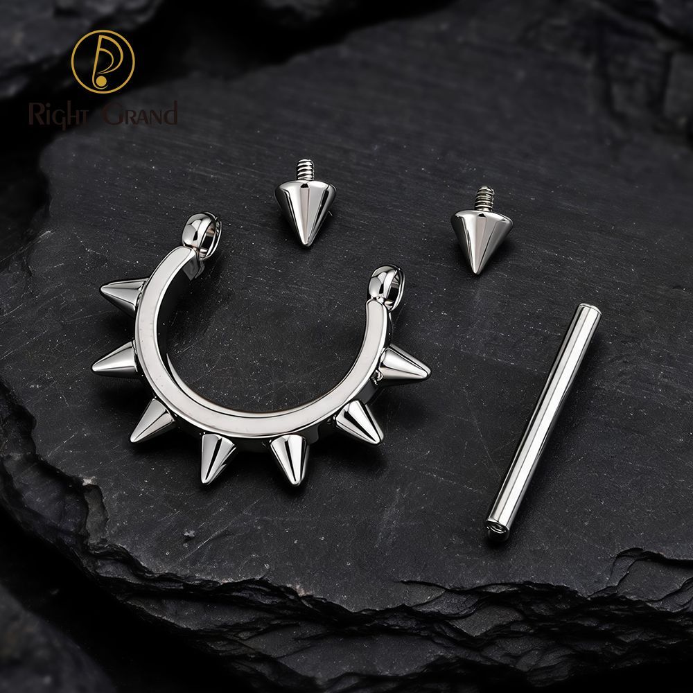 Right Grand Titanium Cone Straight Barbell Hinged Septum Clicker Nose Ring 16G Daith Helix Hoop Earring Piercing Jewelry