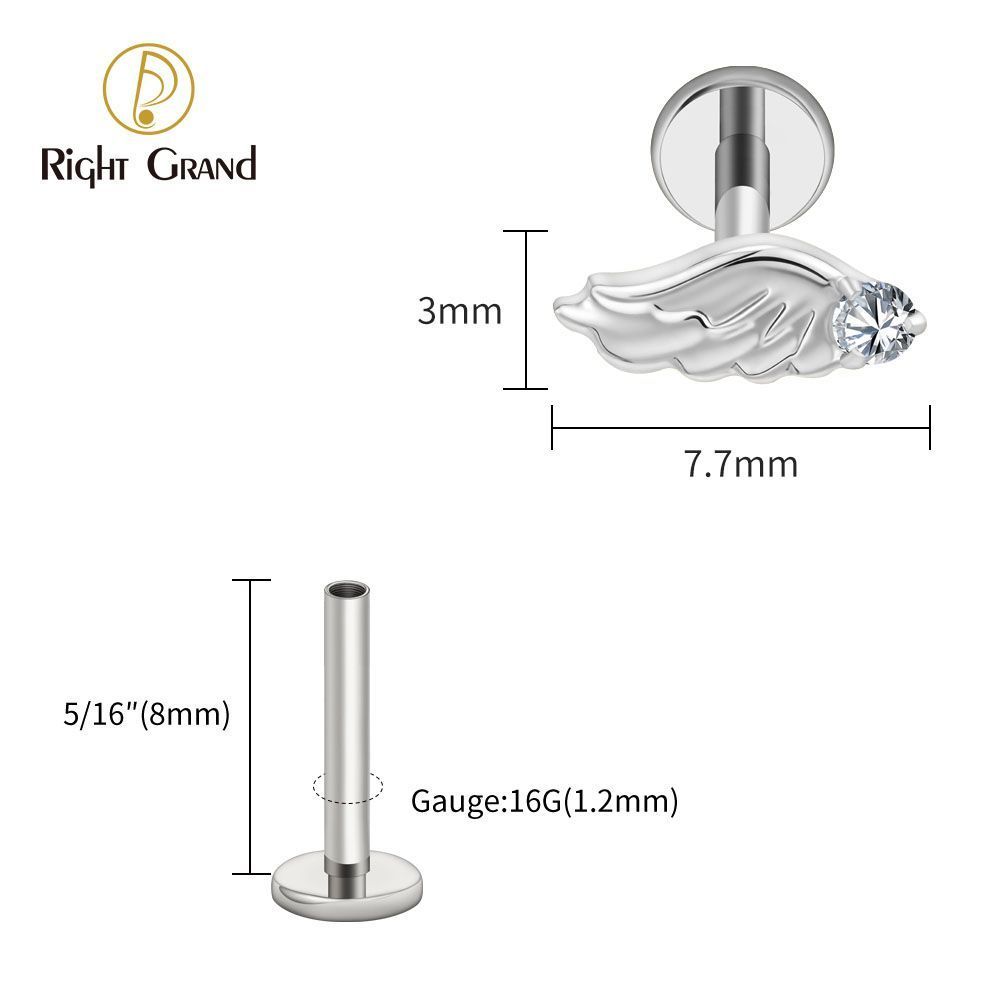 Right Grand Titanium Internal Thread CZ Wing Labret Ring 16G Flat Back Cartilage Stud Earring Conch Helix Lip Piercing Jewelry