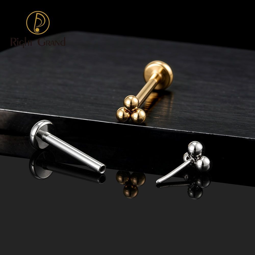 Right Grand Titanium 18G/16G Threadless Push Pin Labret Stud Trinity Beads Tragus Piercing Labret Studs