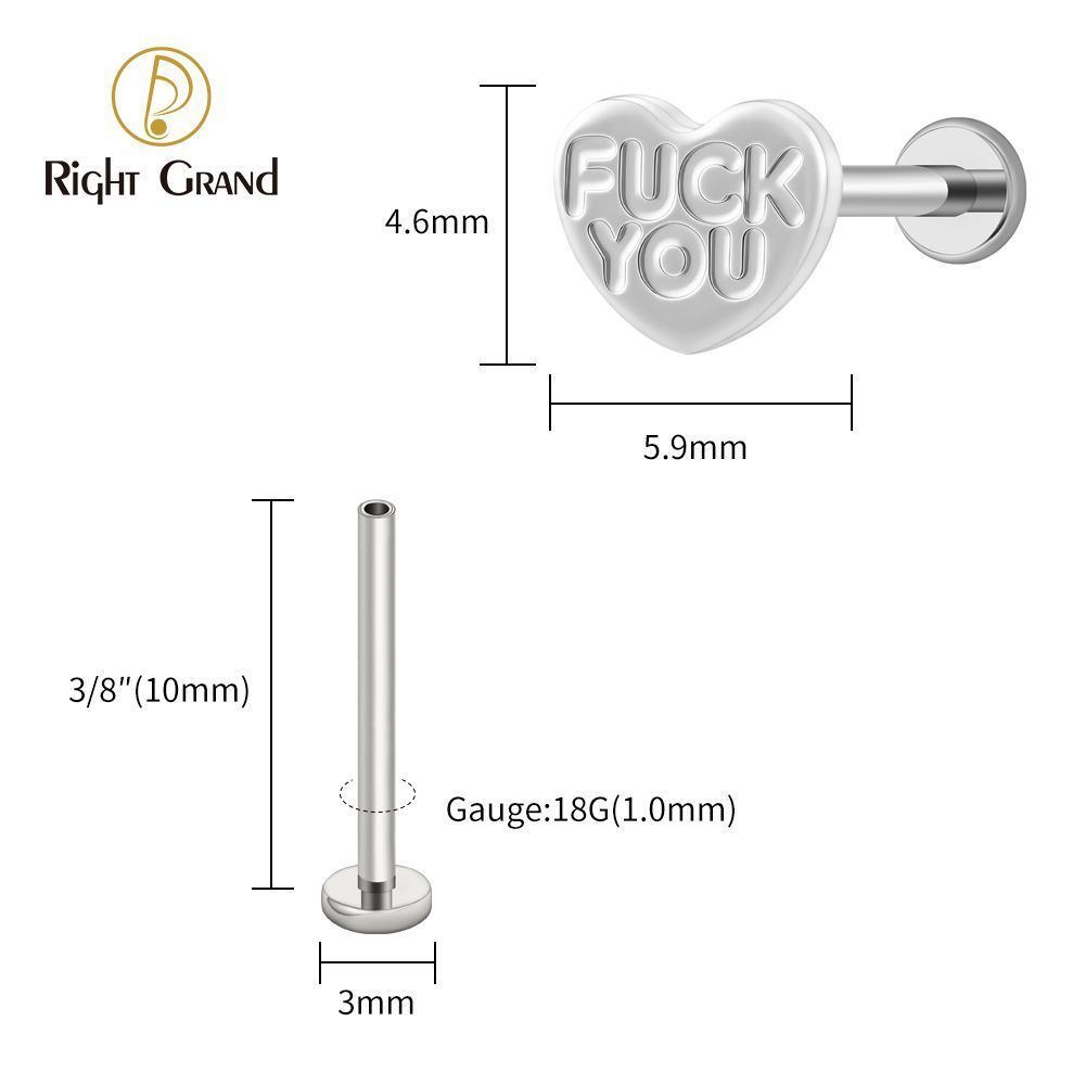Right Grand Titanium 16G/18G Threadless Push Pin Heart Letter F**K YOU Labret Ring 16G Flat Back Cartilage Stud Earring Conch Helix Lip Piercing Jewelry
