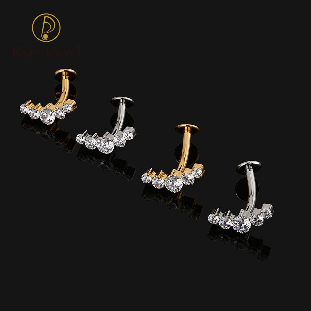 Right Grand Titanium CZ 5 CZ Belly Button Ring 14G Threadless Push Pin Navel Curved Barbell Piercing Jewelry